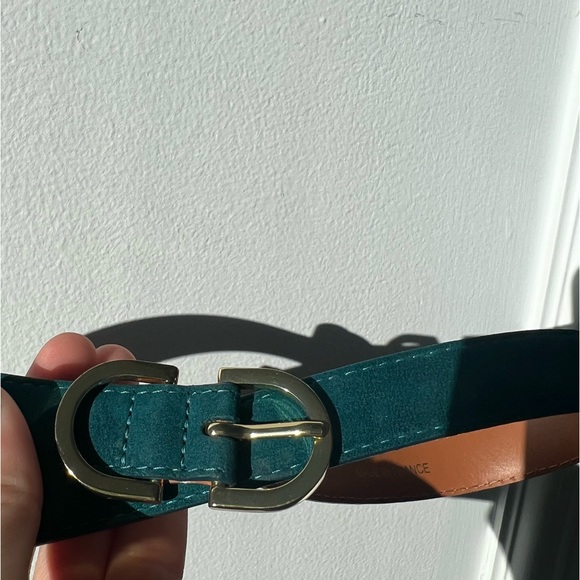Maison Boinet Skinny Nubuck Leather Belt in Deep Turquoise w Gold Buckle 75 - Picture 4 of 16